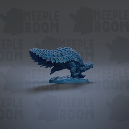 A blue, scaly-like creature resembling a dragon or alligator is depicted in the center of the image against a dark background with repeated text.