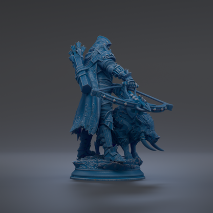 A blue statue of a warrior figure holding a bow and arrow, standing on a base and facing to the right.