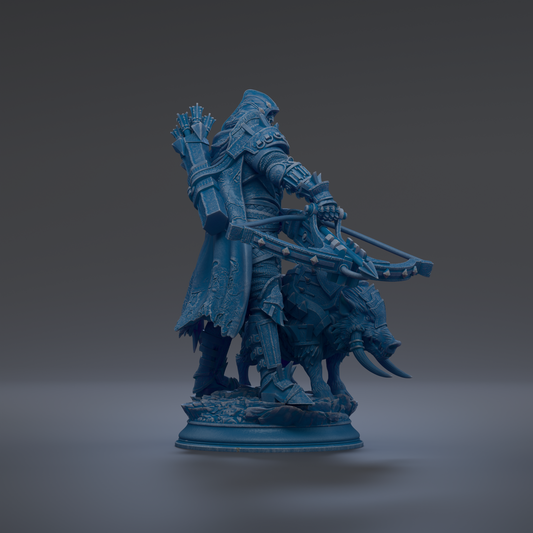 A blue statue of a warrior figure holding a bow and arrow, standing on a base and facing to the right.