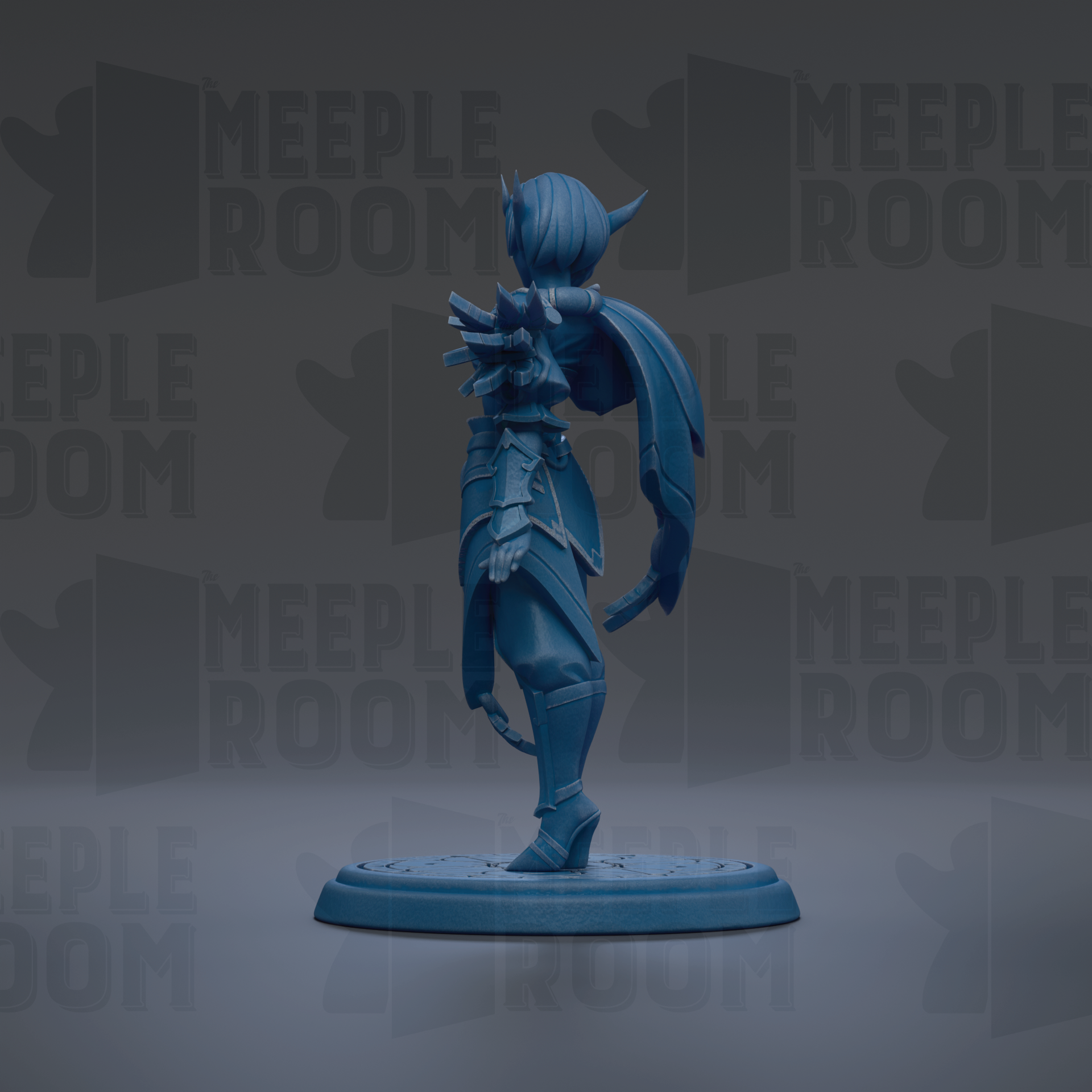 A blue figurine of a character with a cape and armor stands on a platform against a dark background with repeated text.