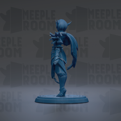A blue figurine of a character with a cape and armor stands on a platform against a dark background with repeated text.