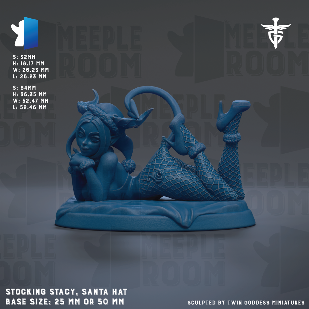 The image is a 3D rendering of a statue of a woman wearing a Santa hat, with the base size being 25mm or 50mm.