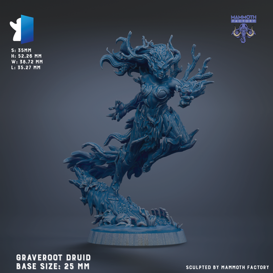 The image is a detailed 3D model of a female Druid statue, with intricate details and a realistic appearance. The statue is shown in a dynamic pose, with flowing hair and a fierce expression. The base size of the statue is 25 mm. The image is a sculpted piece by the Mammoth Factory, as indicated by the text at the bottom of the image.