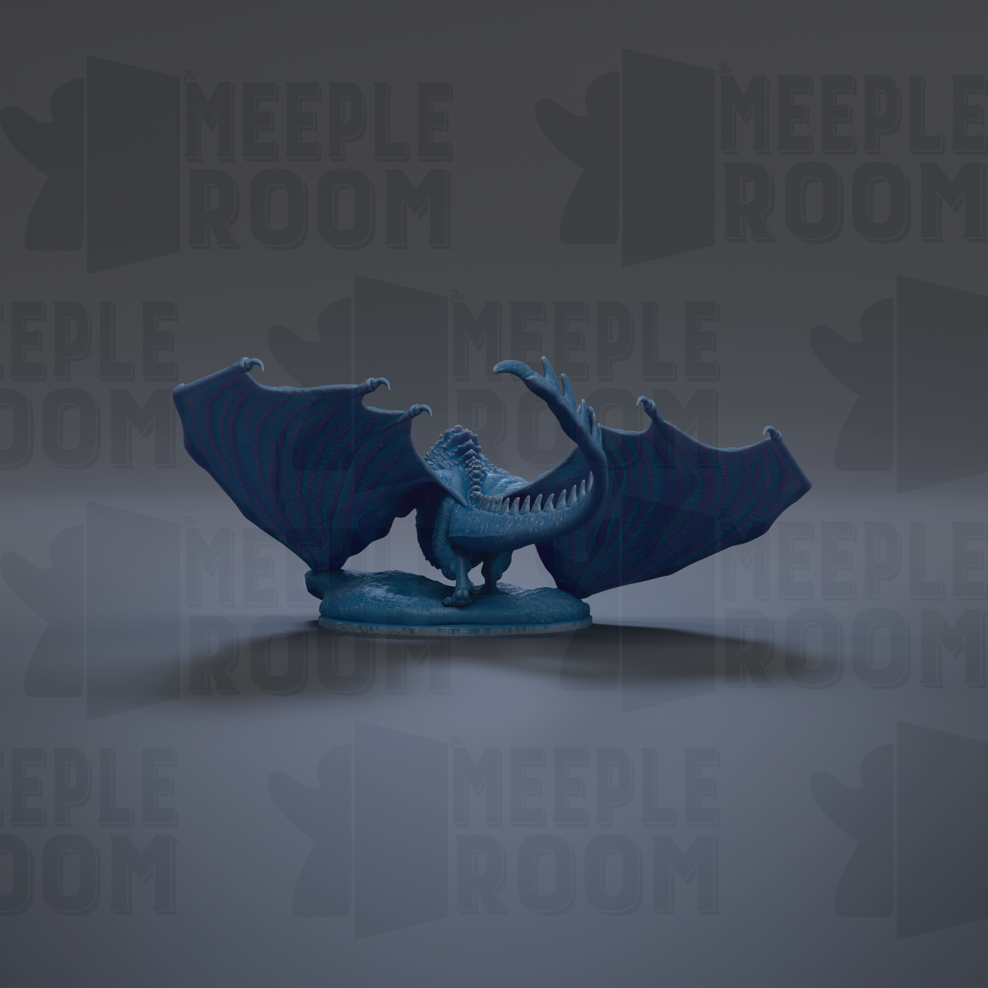 A blue dragon figurine with wings spread, sitting on a surface against a dark background with repeated text.