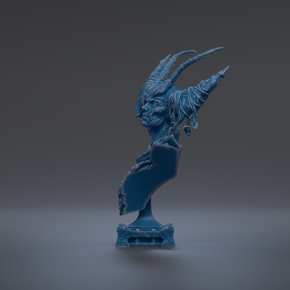 A blue, sculpted statue of a human figure with horns and a fierce expression, standing on a pedestal against a dark background.