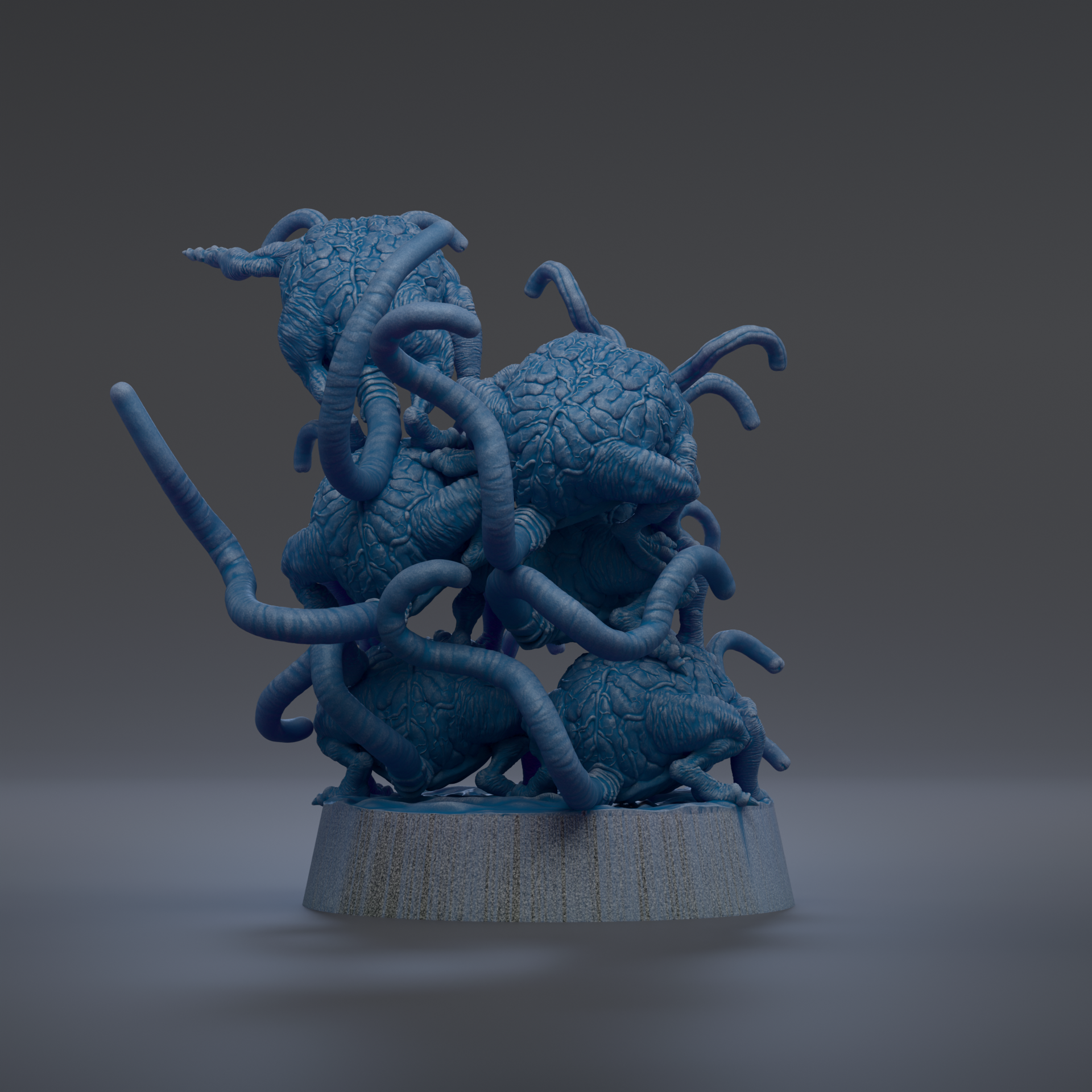 A 3D rendering of a blue, abstract sculpture with multiple tentacles and a large, round head.