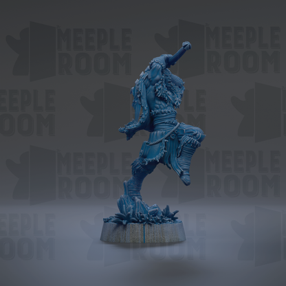 A blue, 3D-rendered statue of a figure with a raised arm and a raised leg, standing on a base.