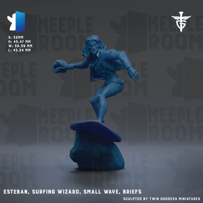 A figurine of a surfer, likely a character from a fantasy or adventure game, is depicted in a dynamic pose on a surfboard against a dark background.