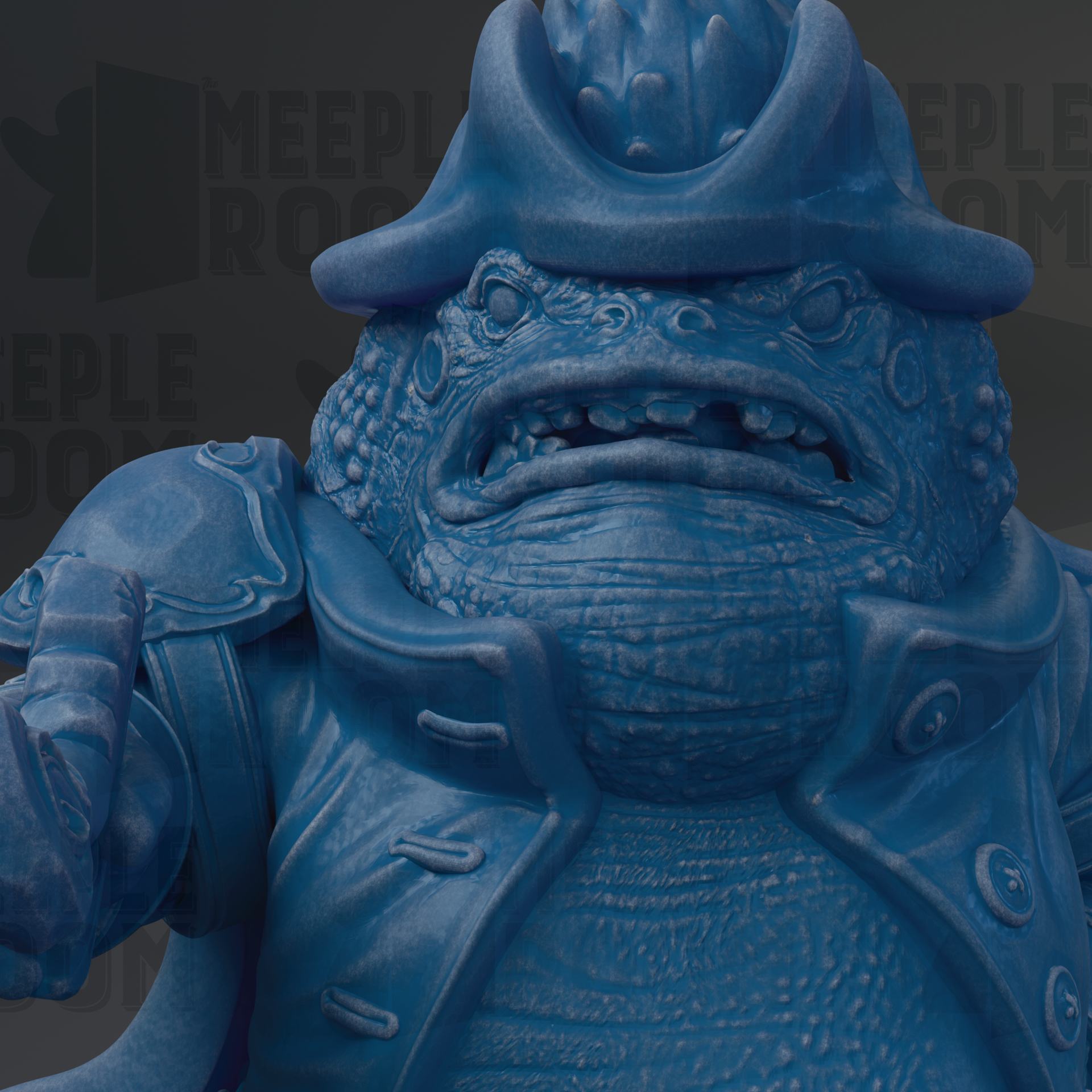 A close-up of a blue, cartoonish-looking creature with a large head and a wide-open mouth, wearing a hat and a jacket.