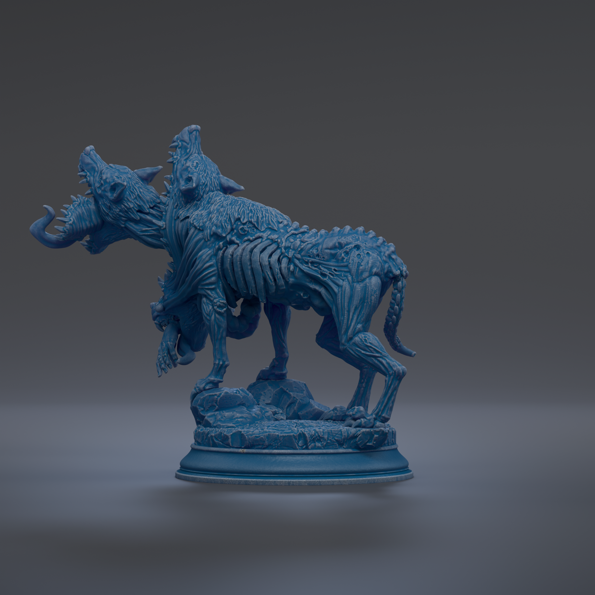 A 3D rendering of a blue, skeletal-looking creature with a fierce expression, standing on a pedestal.