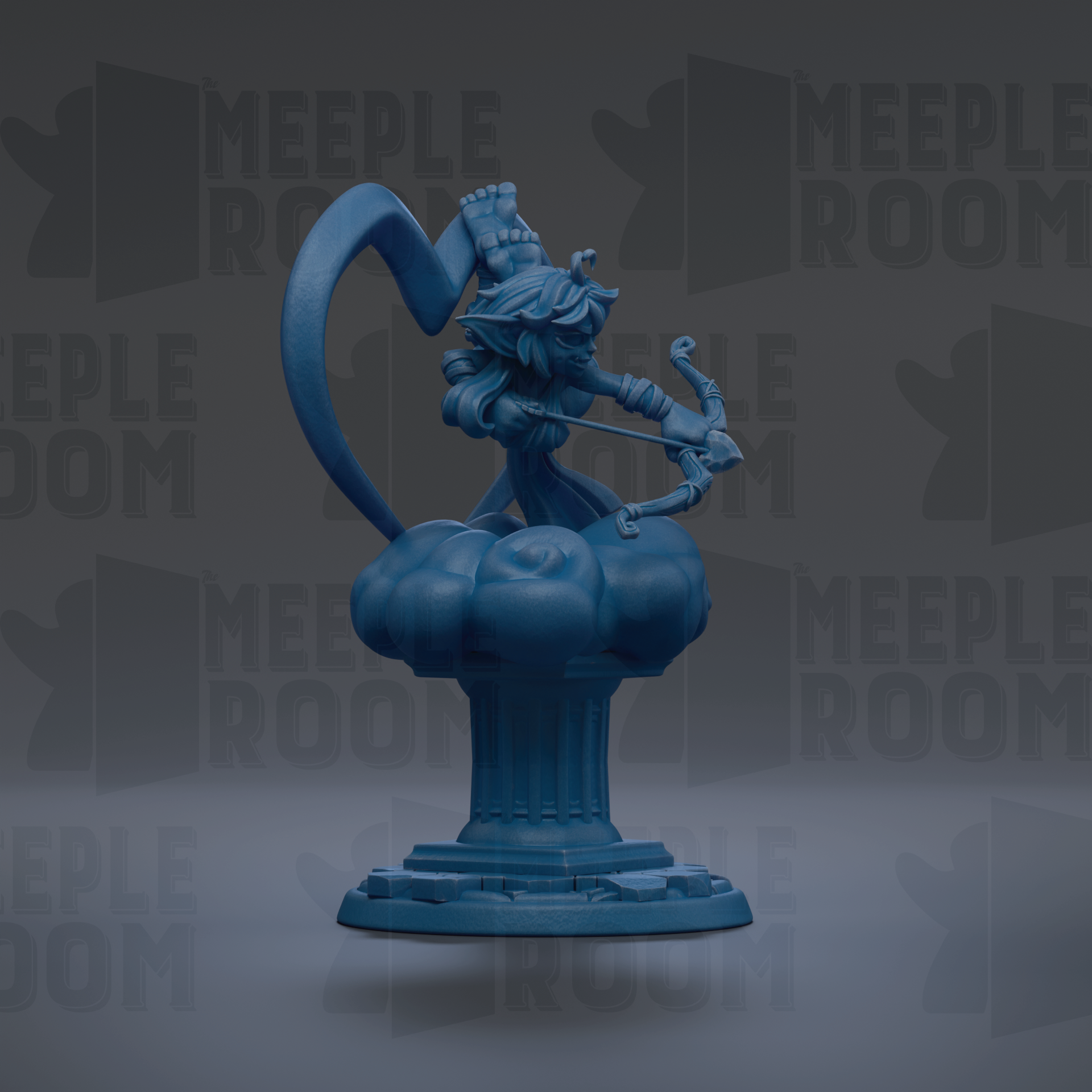 A blue figurine of a character holding a bow and arrow, standing on a pedestal.