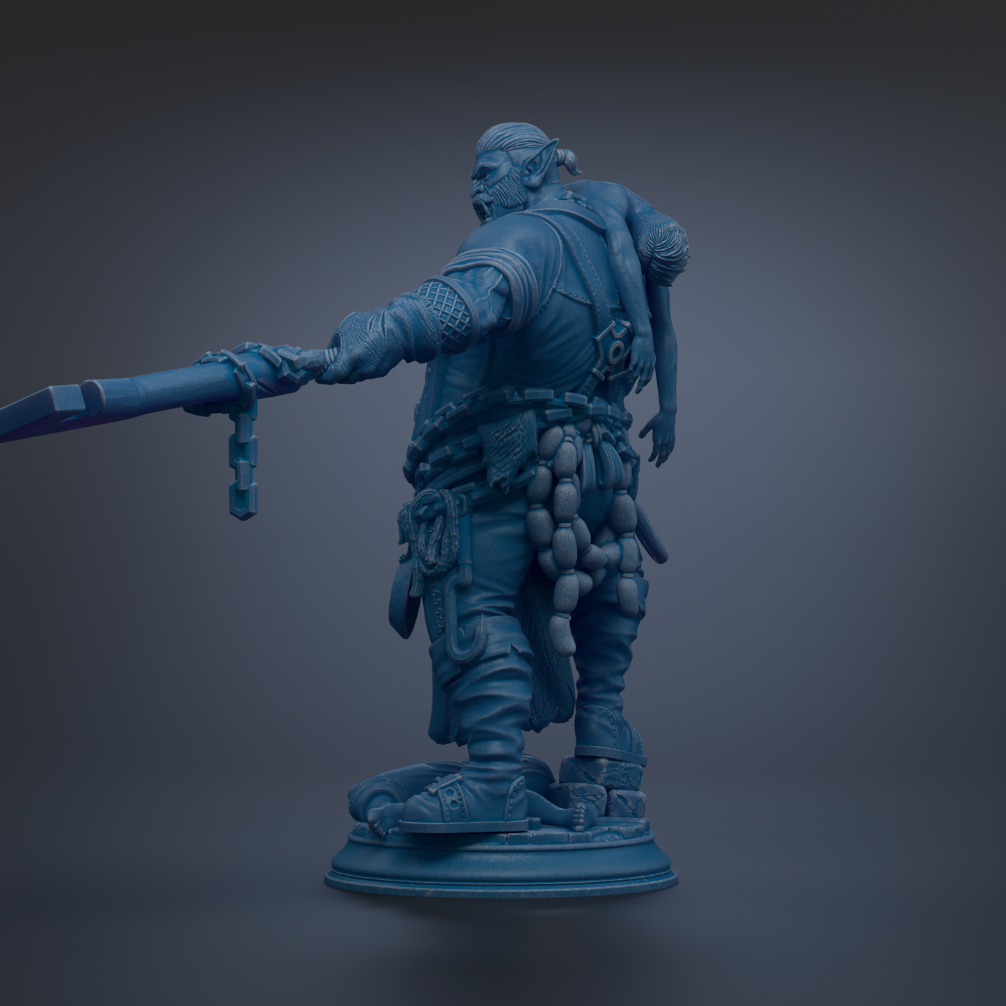 A 3D rendering of a blue-colored statue depicting a figure with a sword and a backpack, standing on a pedestal.