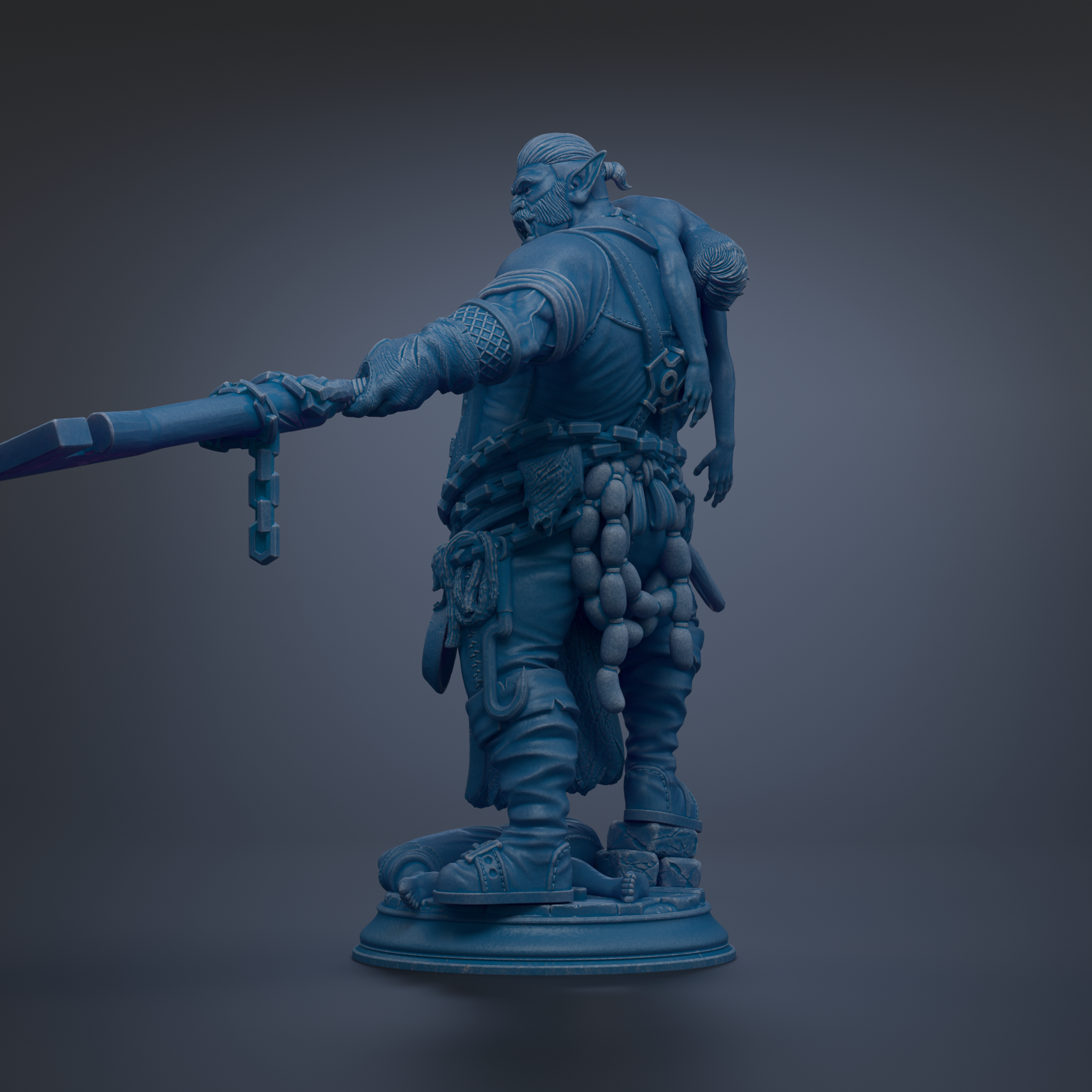 A 3D rendering of a blue-colored statue depicting a figure with a sword and a backpack, standing on a pedestal.