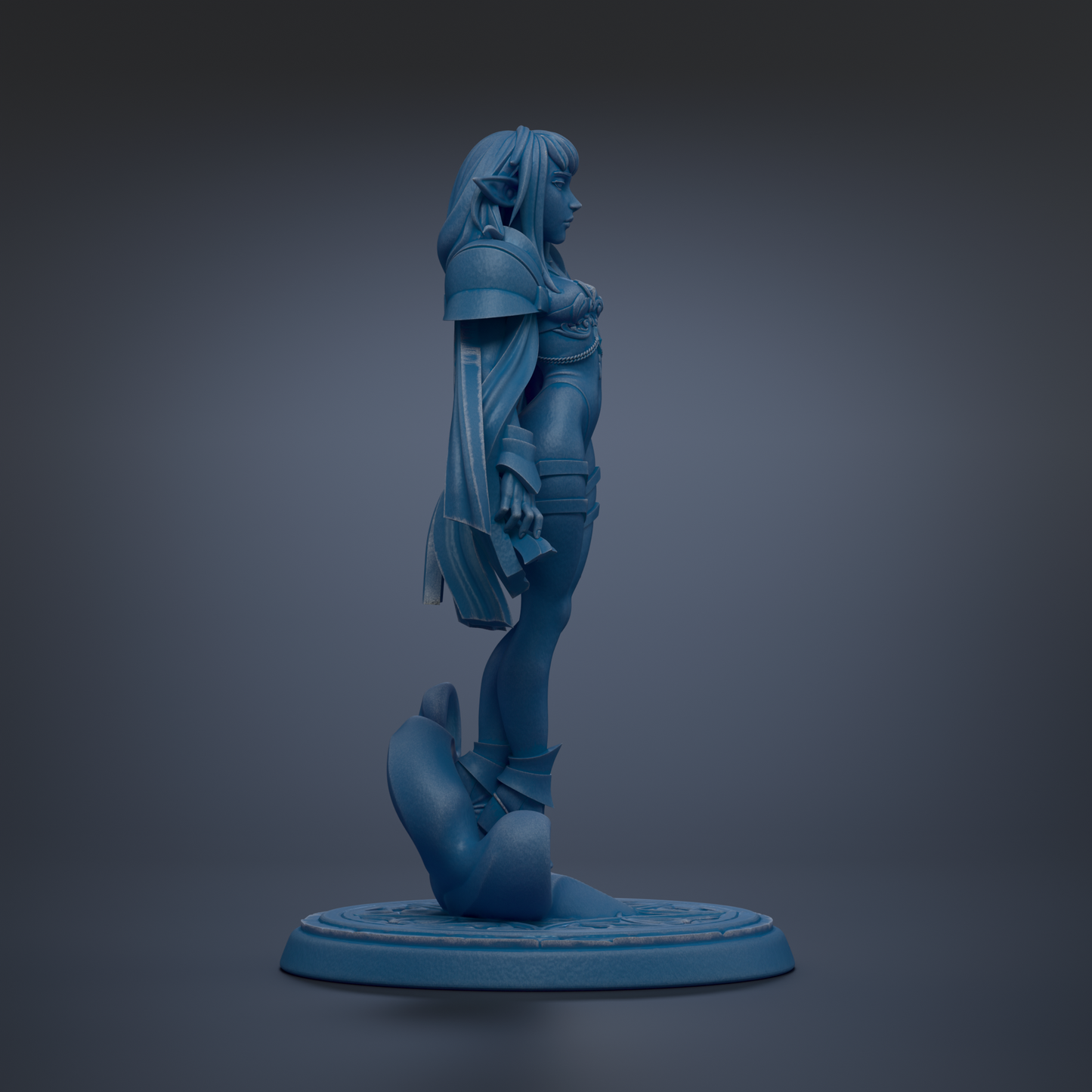 A blue 3D model of a female character with long hair and a flowing cape, standing on a circular base.