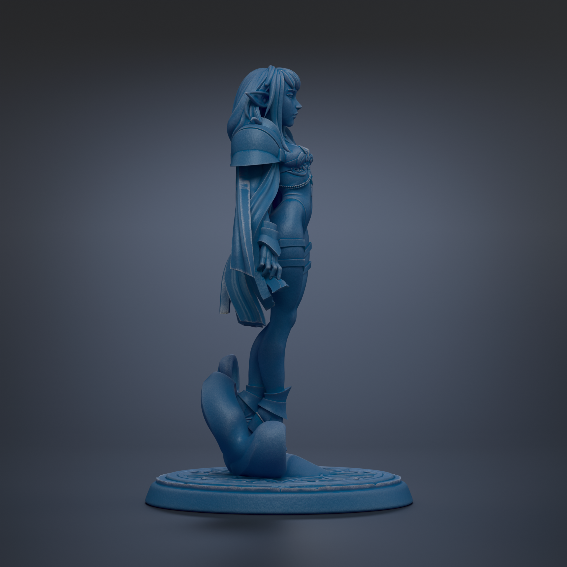 A blue 3D model of a female character with long hair and a flowing cape, standing on a circular base.