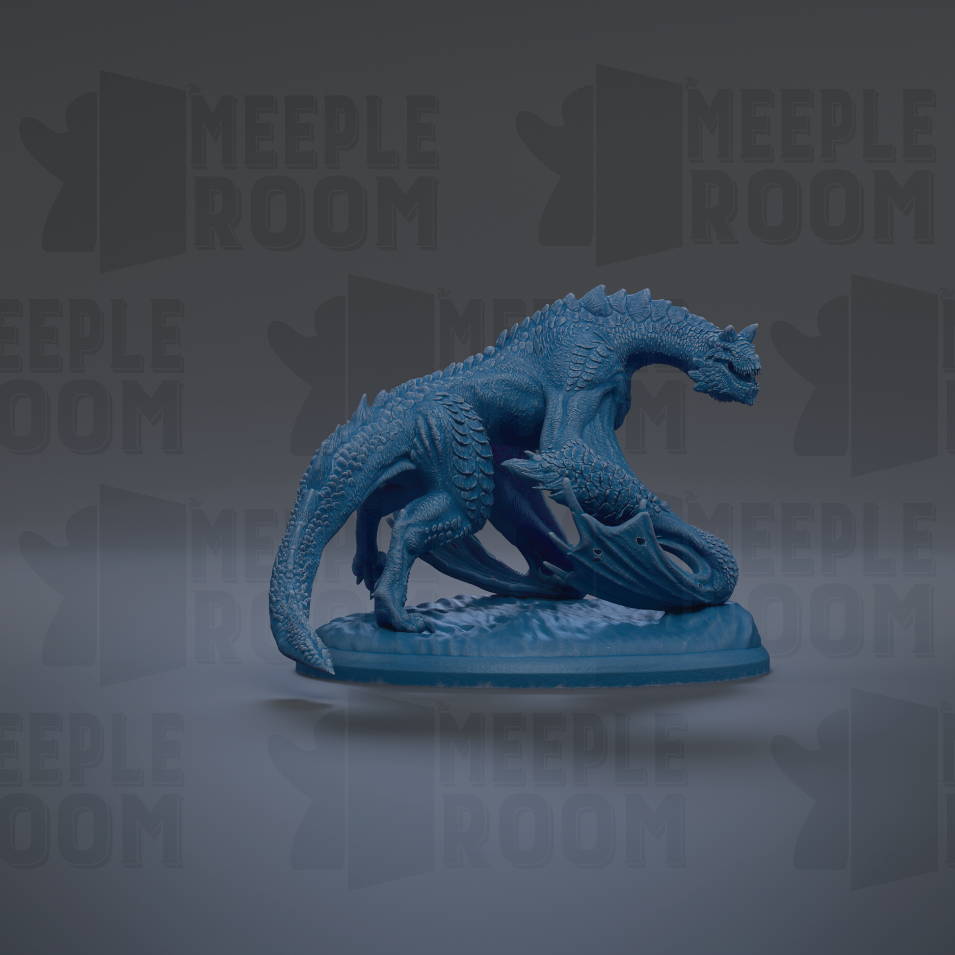 A blue dragon figurine is shown against a dark background with repeated "MEUPLE ROOM" text.