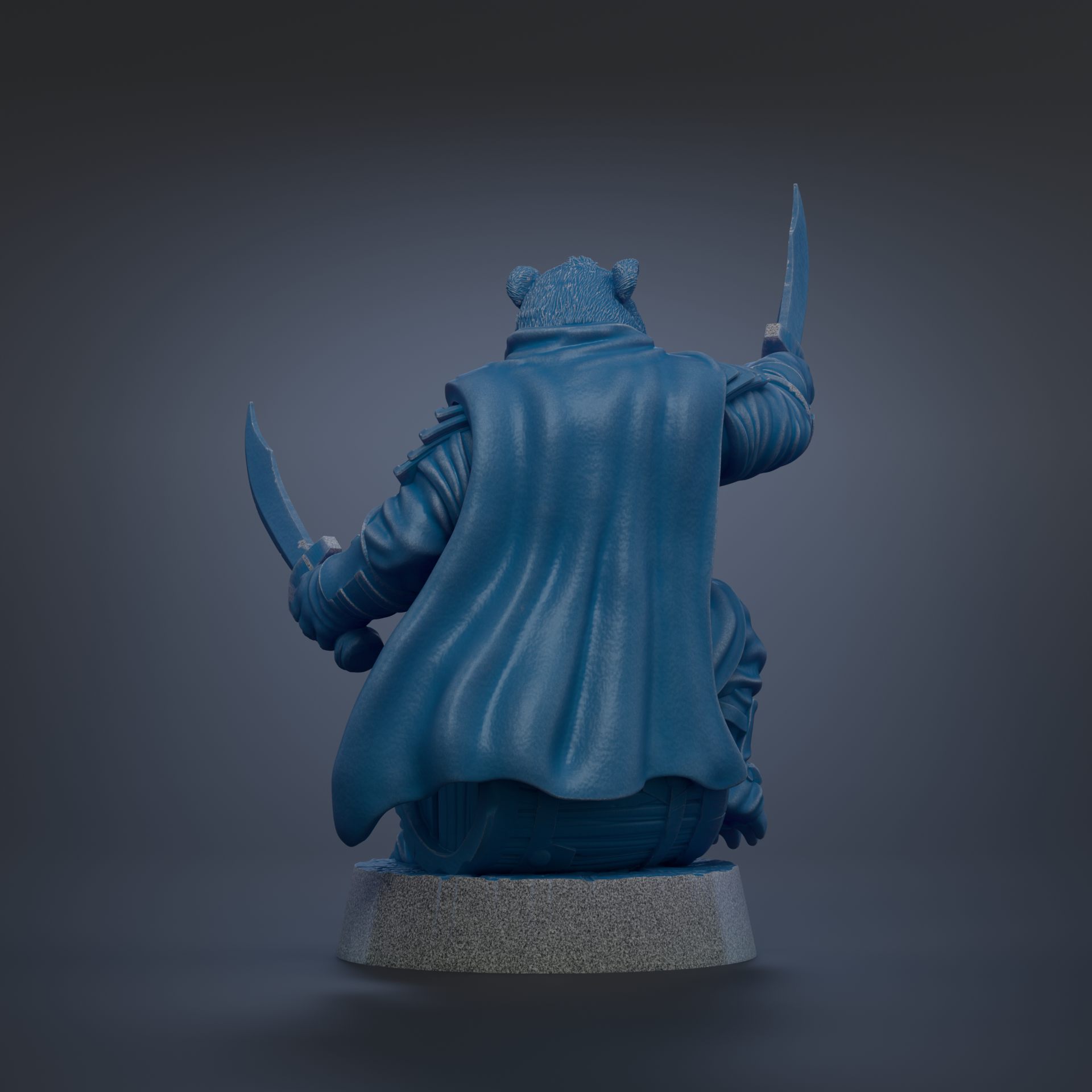 A blue statue of a person sitting on a pedestal, holding a sword in each hand.