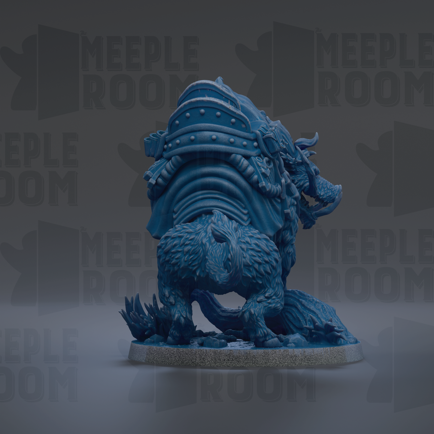 A 3D rendering of a blue, fantastical creature with a large head and a smaller body, standing on a platform.