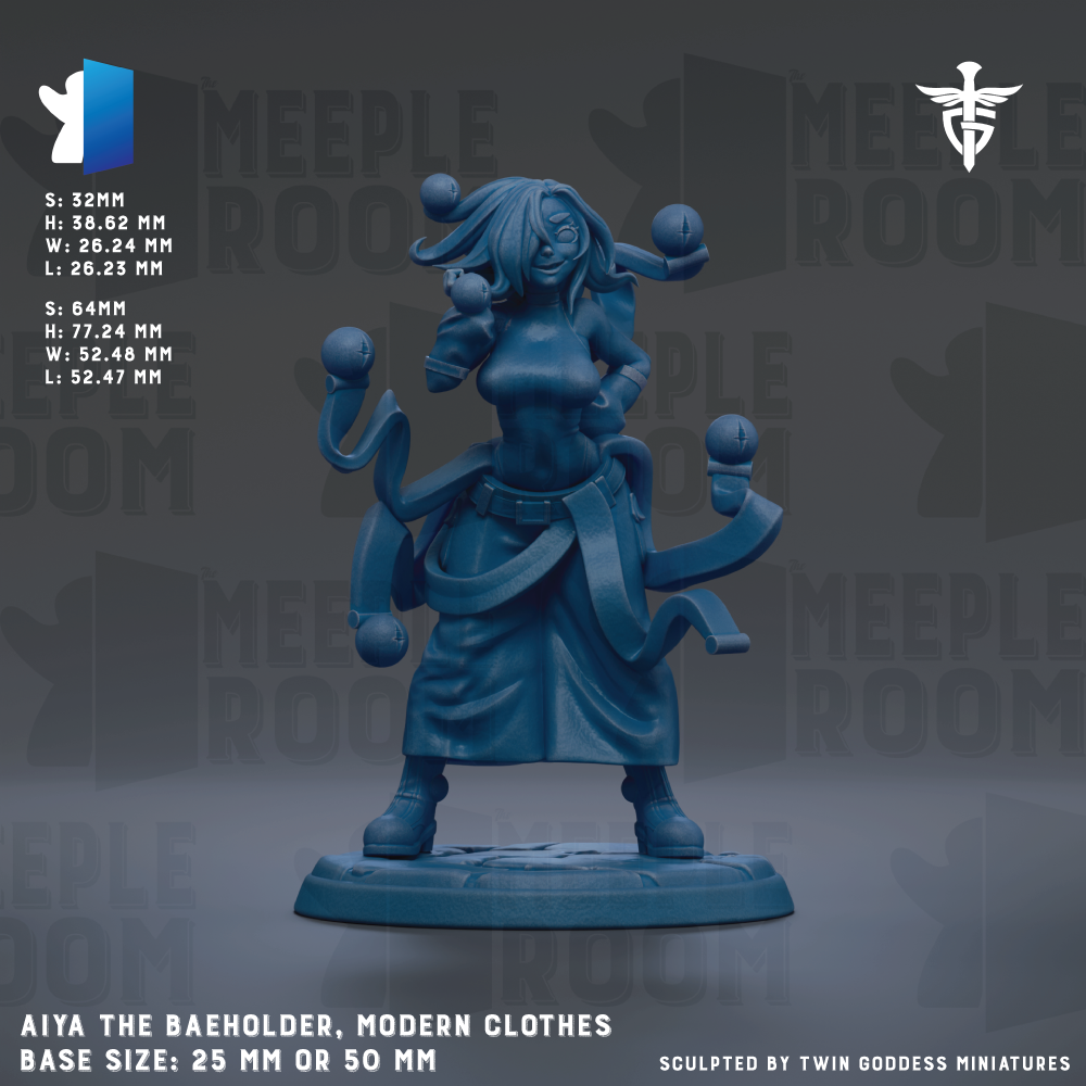a figurine of a woman with multiple arms, wearing a skirt and boots, and holding various objects. The figurine is described as "Aiya the Baeholder, Modern Clothes" and is shown in different sizes, including 25mm and 50mm. The image is a collage of multiple images, and the phrase "The image depicts" is not used.