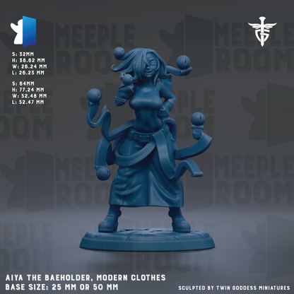 a figurine of a woman with multiple arms, wearing a skirt and boots, and holding various objects. The figurine is described as "Aiya the Baeholder, Modern Clothes" and is shown in different sizes, including 25mm and 50mm. The image is a collage of multiple images, and the phrase "The image depicts" is not used.