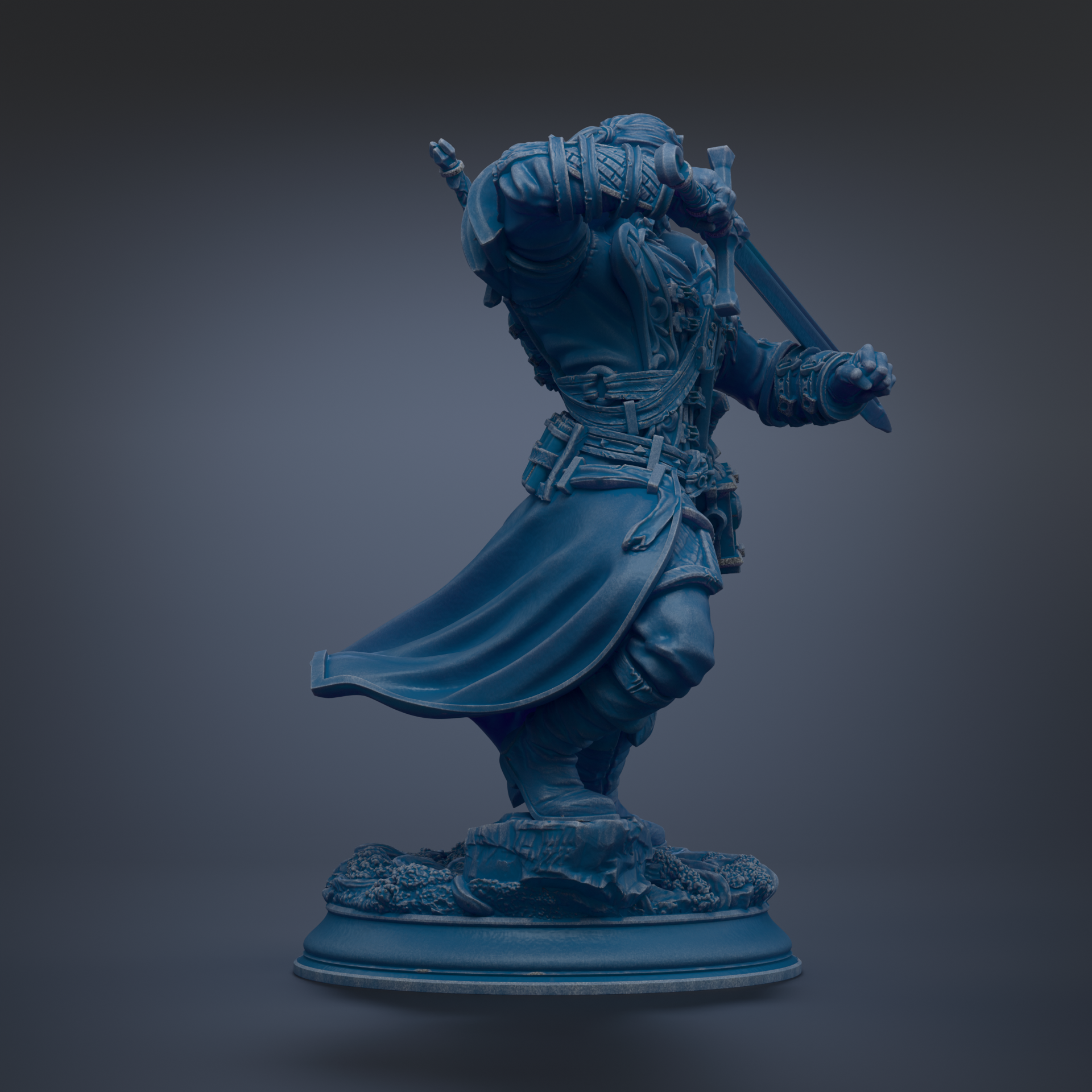 A blue statue of a warrior figure holding a sword and shield, standing on a pedestal.