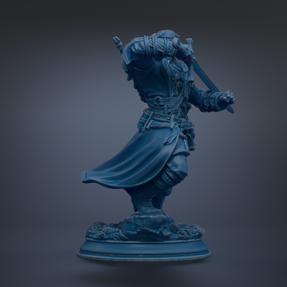 A blue statue of a warrior figure holding a sword and shield, standing on a pedestal.