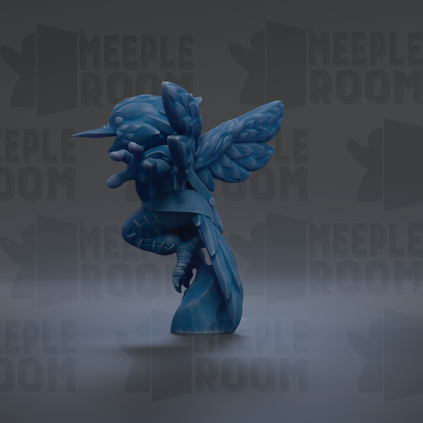 A blue bird-like creature with wings and claws is standing on a gray surface against a dark background with repeated text.