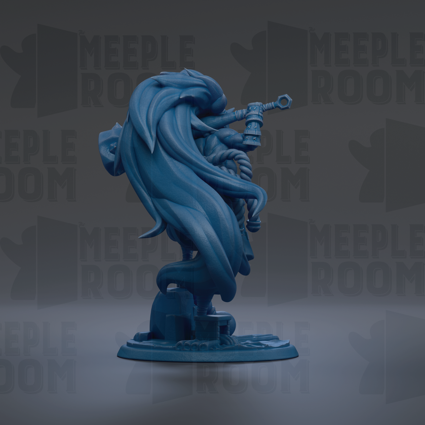 A blue, abstract sculpture with flowing, organic shapes and lines, set against a dark background with repeated text.