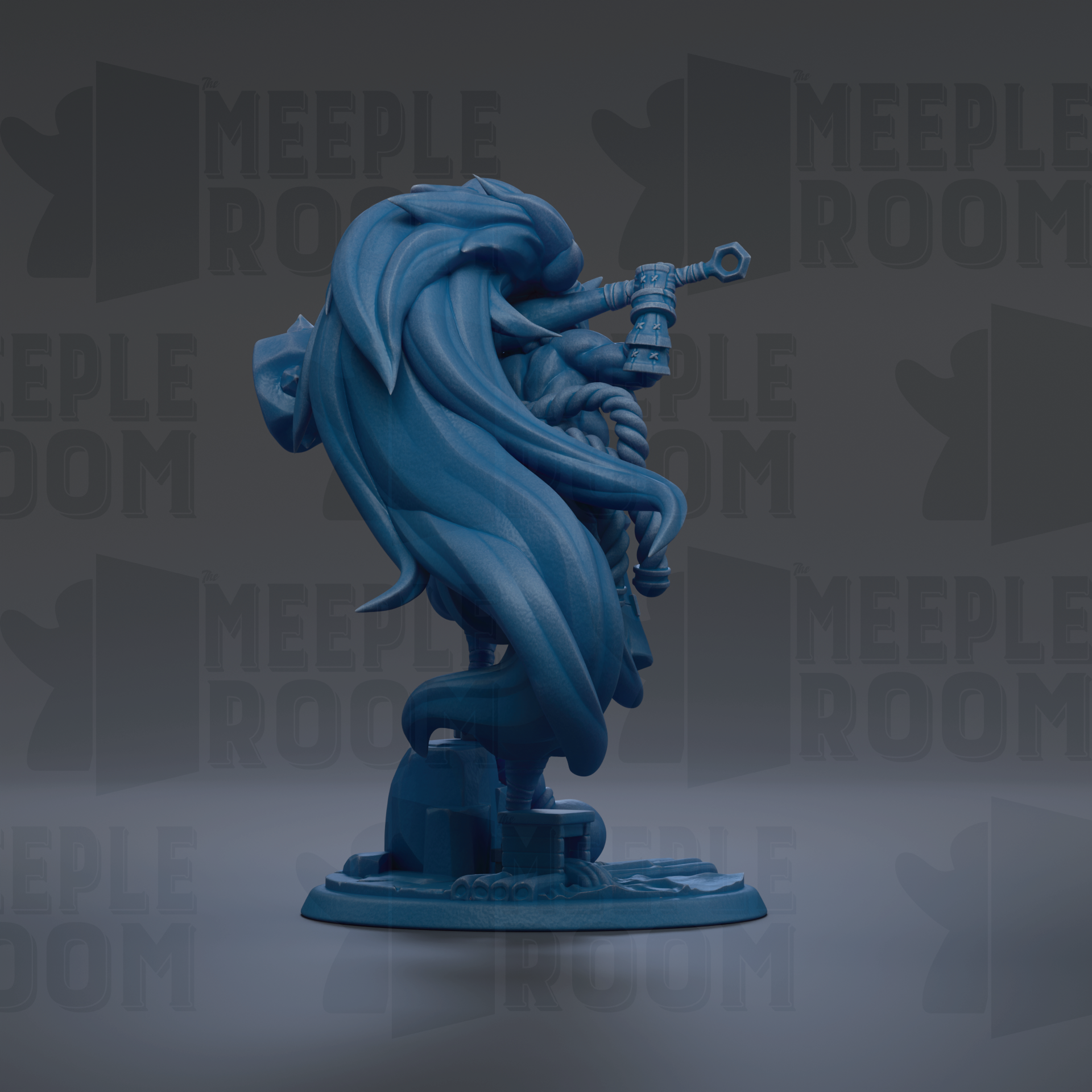 A blue, abstract sculpture with flowing, organic shapes and lines, set against a dark background with repeated text.