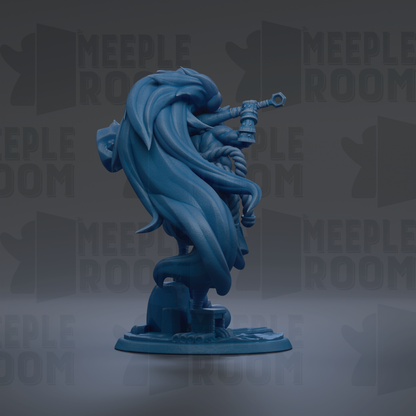 A blue, abstract sculpture with flowing, organic shapes and lines, set against a dark background with repeated text.