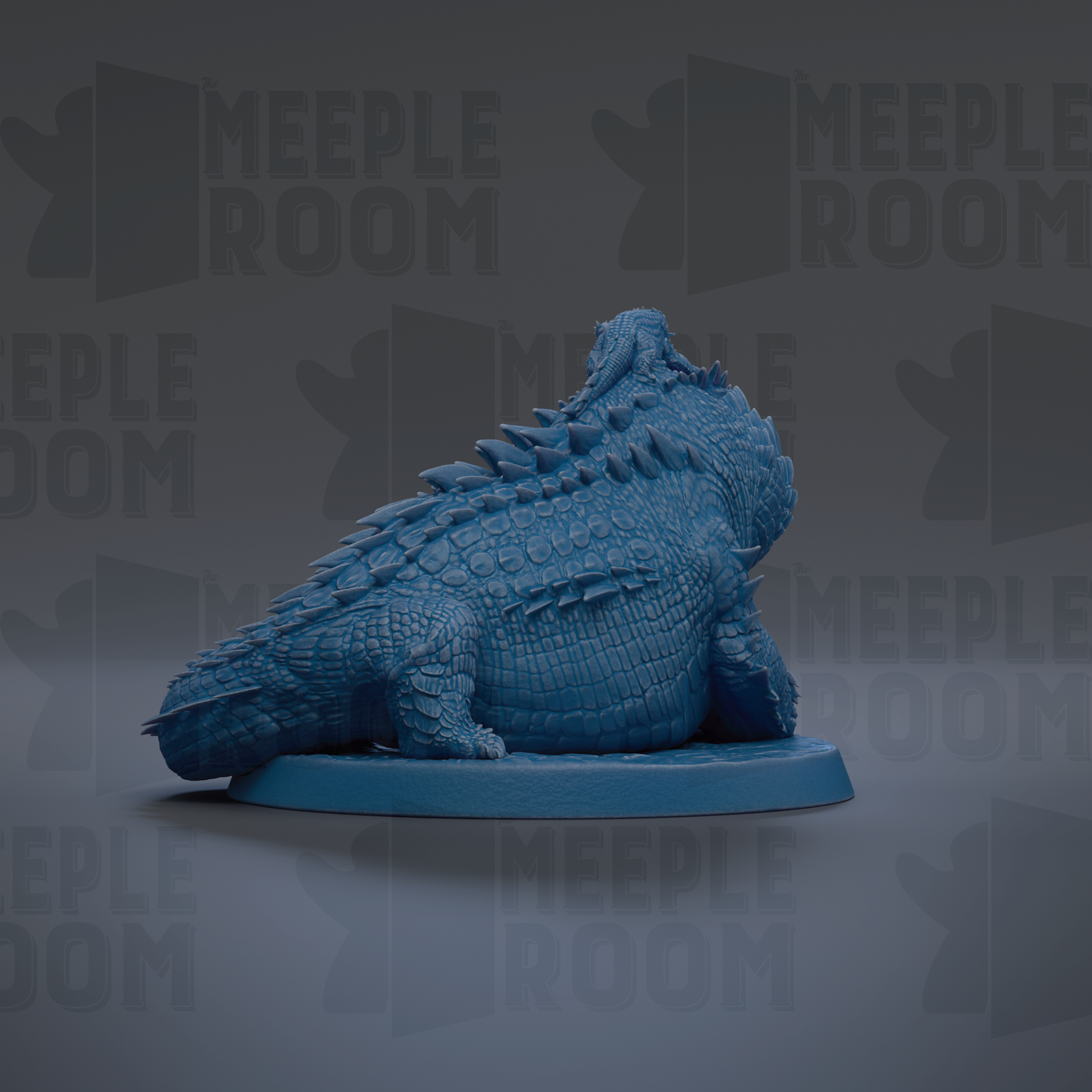 A 3D rendering of a blue, scaly-looking creature resembling a crocodile or alligator, sitting on a blue base.