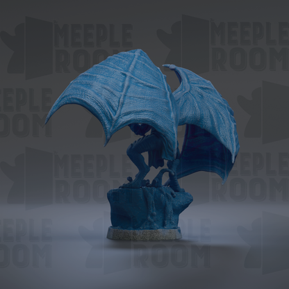 A 3D rendering of a blue dragon statue with outstretched wings, standing on a rock.
