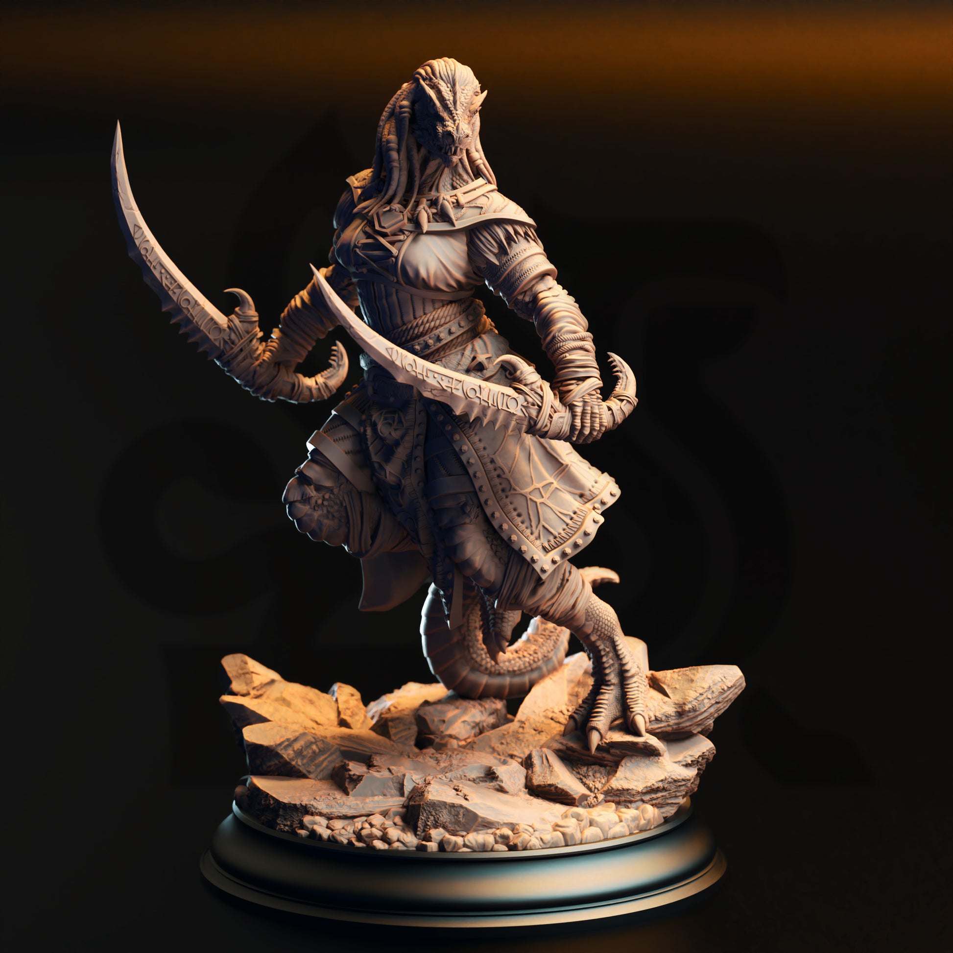 A detailed 3D model of a warrior figure, holding a sword and standing on a rocky base.