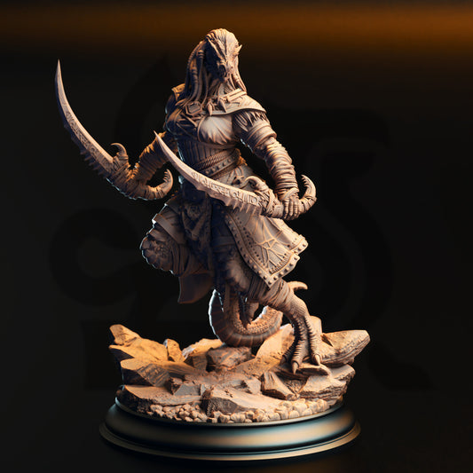 A detailed 3D model of a warrior figure, holding a sword and standing on a rocky base.