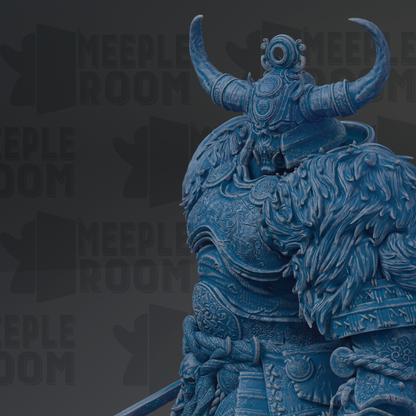 A detailed, intricate blue sculpture of a warrior figure with ornate armor and horns, set against a dark background with repeated text.