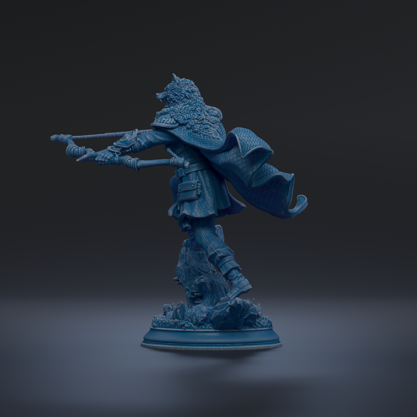 A blue statue of a person with a flowing cape and holding a weapon, standing on a base.