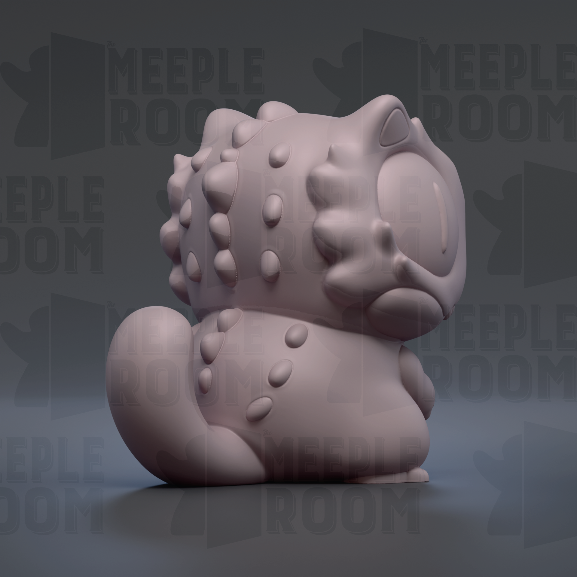 A 3D rendering of a cartoon-like creature with a large head and spikes on its body, sitting on its hind legs.