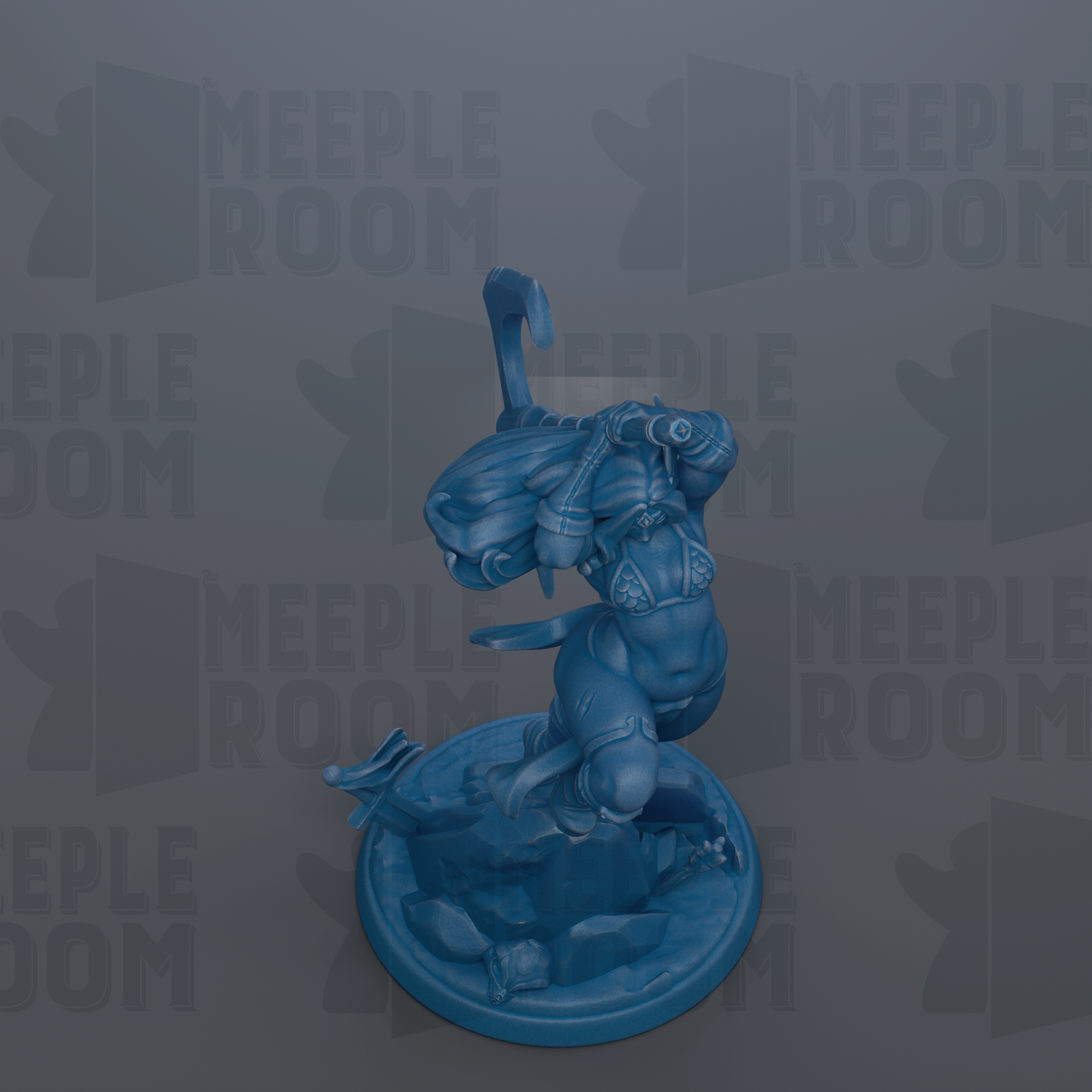 A blue figurine of a person standing on a platform, with the text "MEUPLE ROOM" repeated in the background.