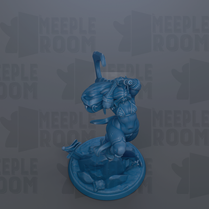 A blue figurine of a person standing on a platform, with the text "MEUPLE ROOM" repeated in the background.