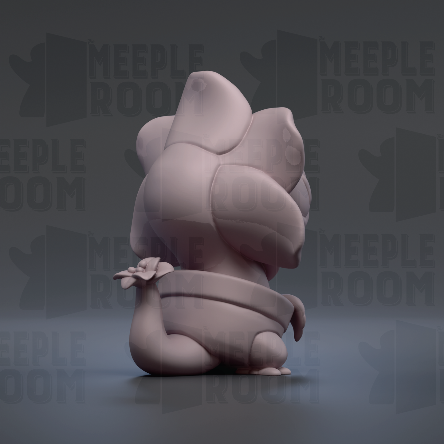A 3D rendering of a small, light-colored figurine with a flower-like design on its back, sitting on its hind legs.