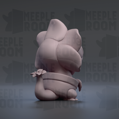 A 3D rendering of a small, light-colored figurine with a flower-like design on its back, sitting on its hind legs.