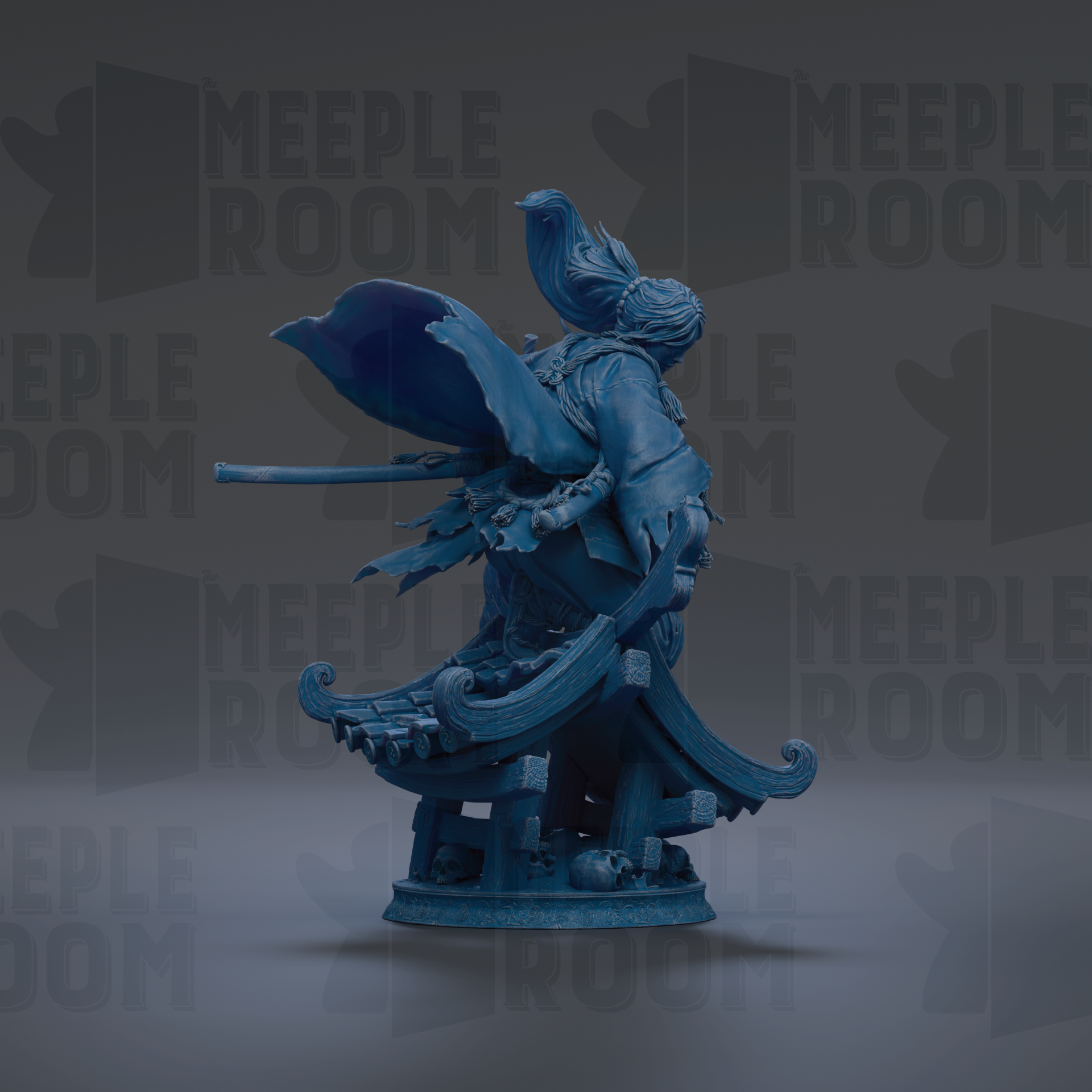 A blue statue of a person with a large headdress and a sword, standing on a platform with a curved roof.