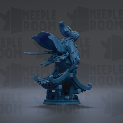 A blue statue of a person with a large headdress and a sword, standing on a platform with a curved roof.