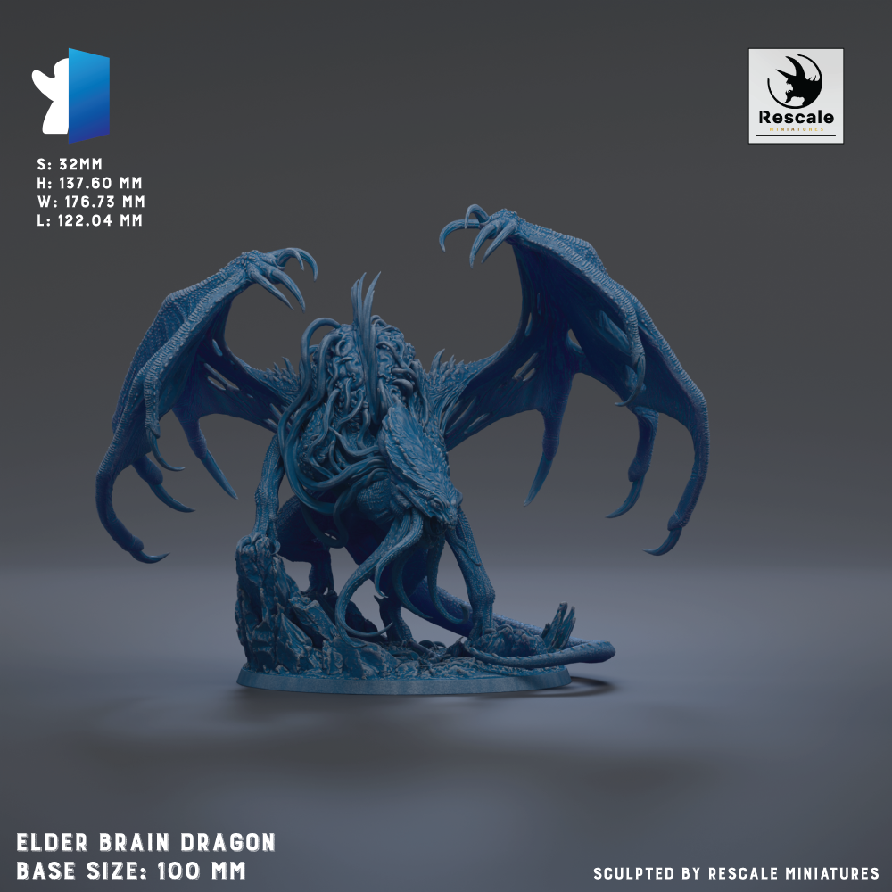 a large, blue dragon-like creature with wings and sharp claws, standing on a rock formation. The dragon appears to be a miniature model, as indicated by the text "Elder Brain Dragon Base Size: 100 MM" and "Sculpted by Rescue Miniatures".