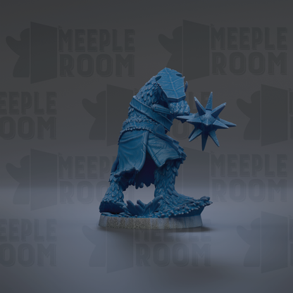 A blue figurine of a creature with a star-shaped weapon, standing on a gray base against a dark background with repeated "MEIPLE ROOM" text.