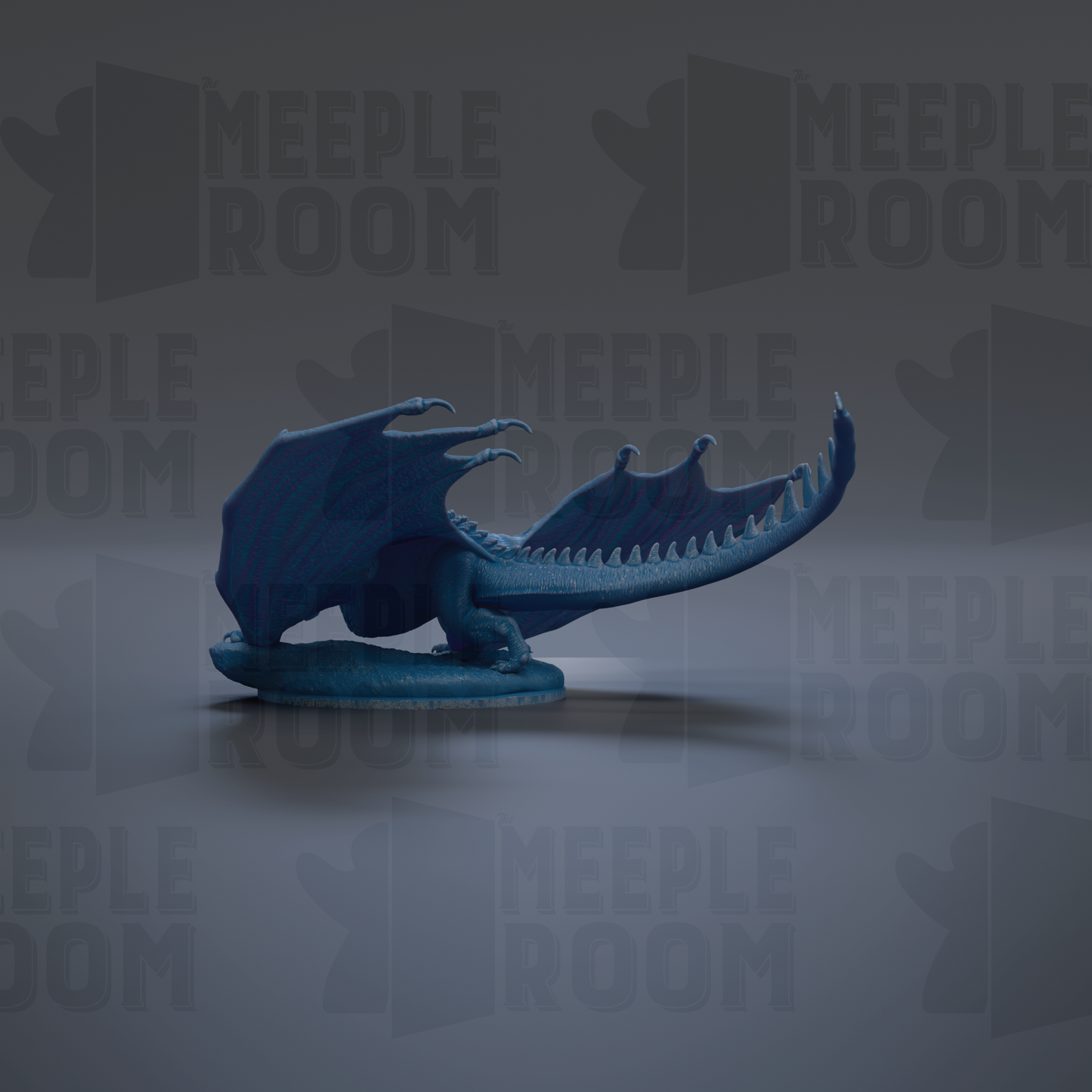 A blue dragon figurine is shown against a dark background with repeated text.