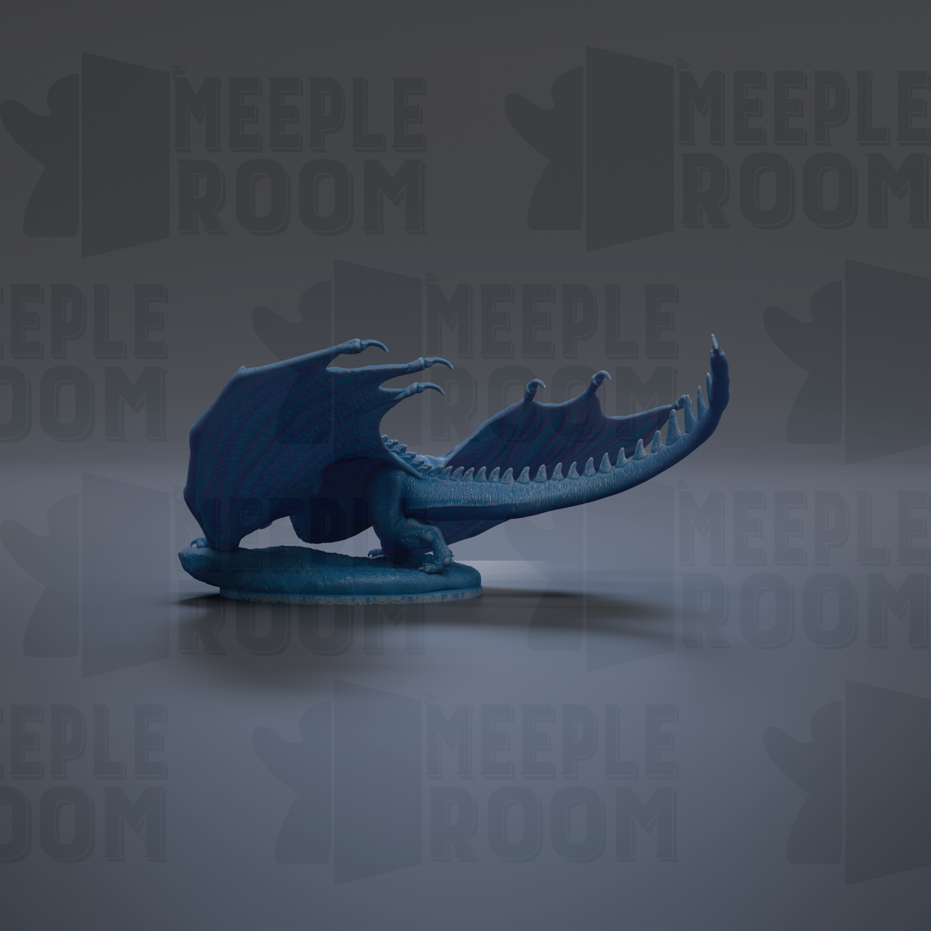 A blue dragon figurine is shown against a dark background with repeated text.