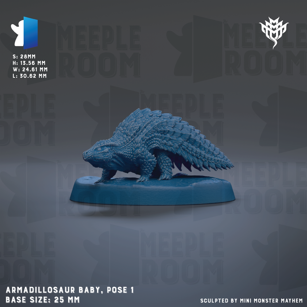 a blue armored dinosaur, specifically an Armadillo Baby, posed on a base. The base size is 25mm. The image is a sculpture and is not a photograph.