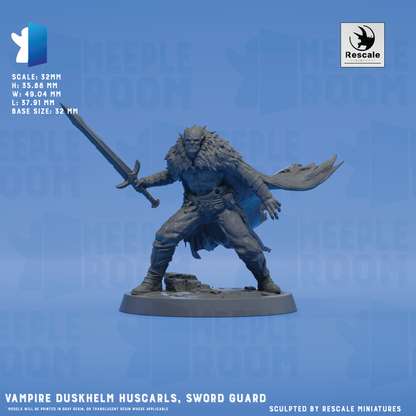 a statue of a warrior figure, specifically a Vampire Duskhelm Huscarls, who is holding a sword and a shield. The statue is made of a material that resembles metal and is displayed on a base. The statue is part of a collection of miniatures, and it is described as a "Vampire Duskhelm Huscarls, Sword Guard" model. The statue is shown against a blue background, and it is described as being printed in a realistic style. The statue is sculpted by Rescale miniatures.
