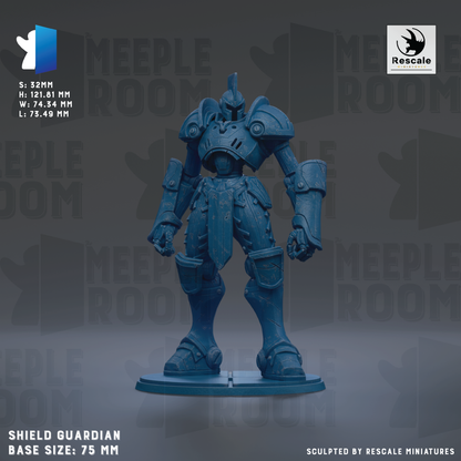 A 3D rendering of a blue armored robot figure, likely a shield guardian, with various dimensions and features described.